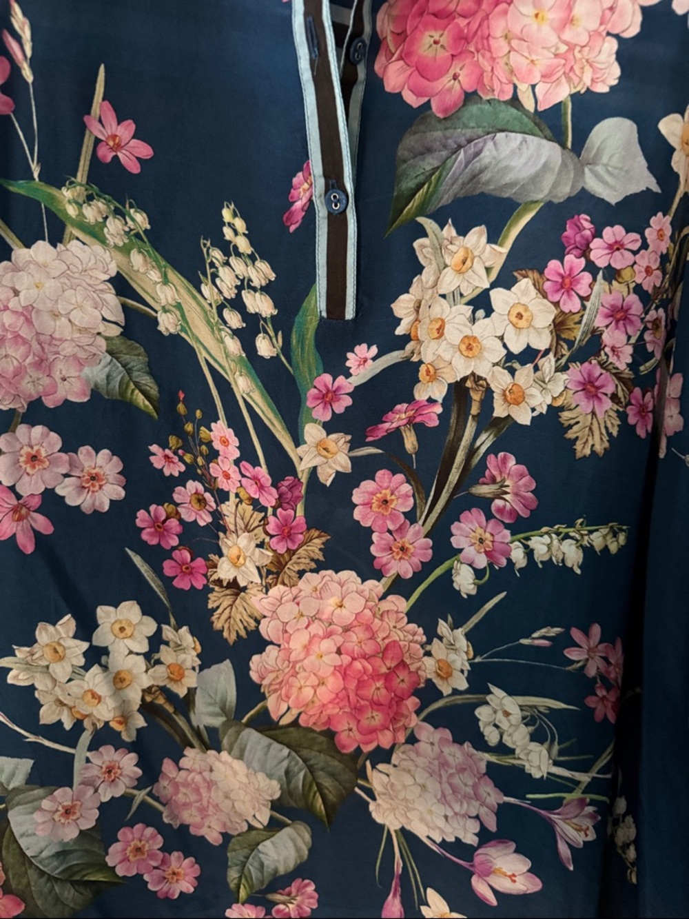 Johnny Was Navy Floral V-Neck Tunic with Pink & White Blooms - Picture 4 of 9